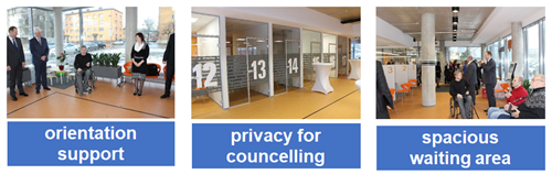 Three images titled - Orientation Support, Privacy for Councelling, Spacious Waiting Area